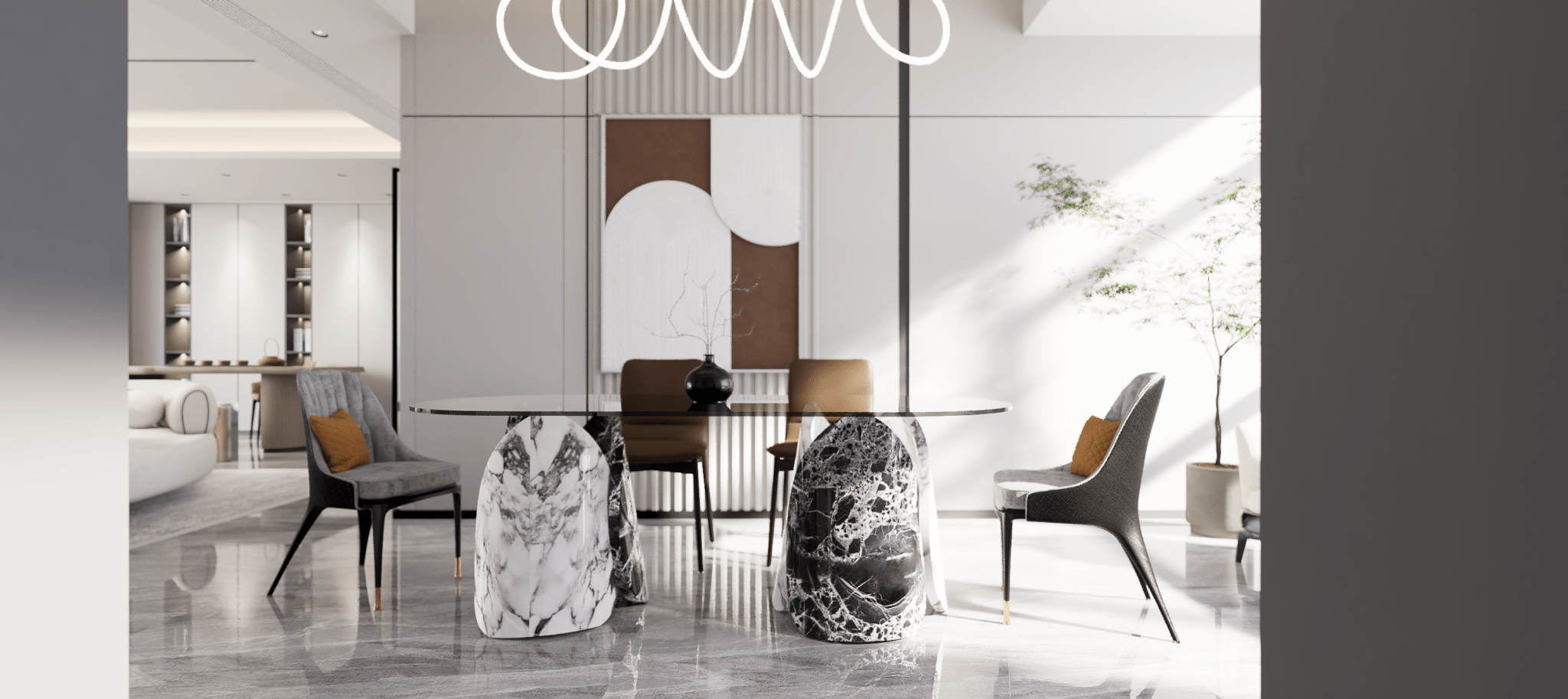 Oval Marble Lotus Black Glass Top Modern Dining Table