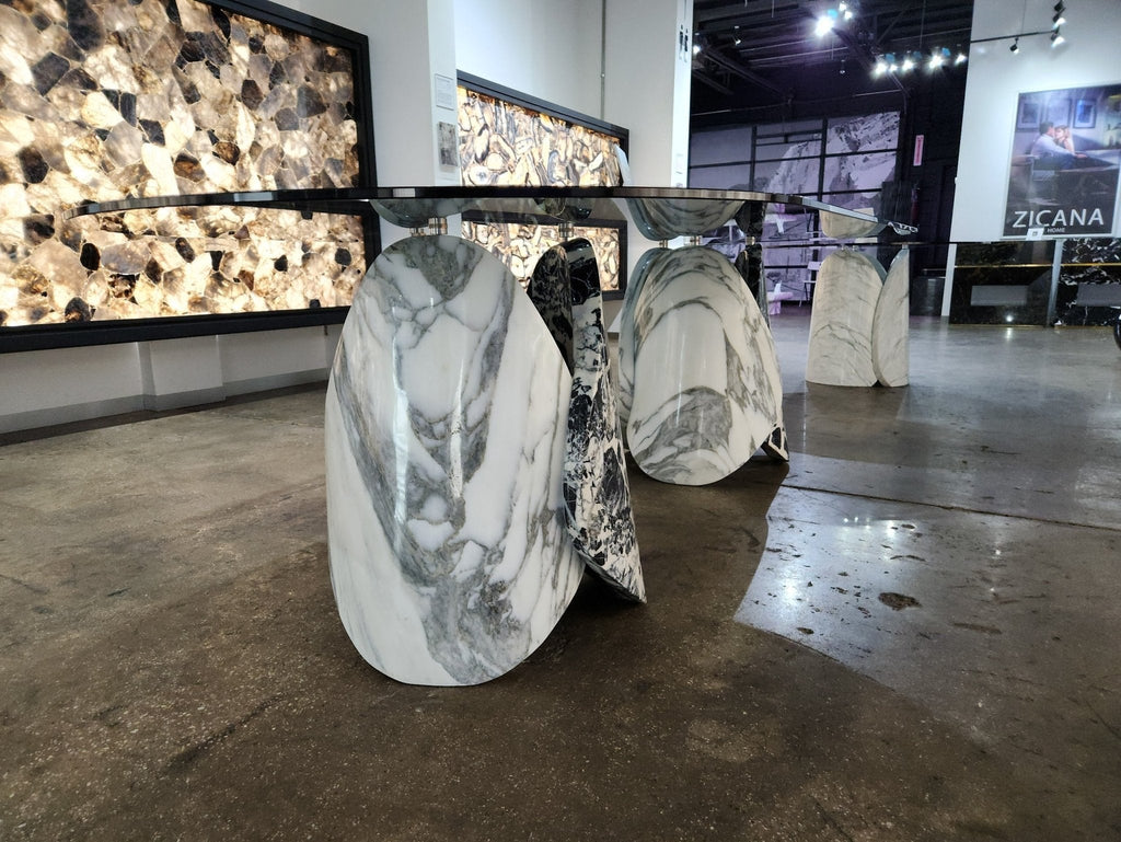 Oval Marble Lotus Black Glass Top Modern Dining Table