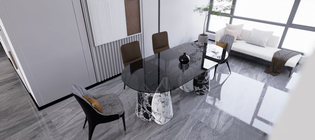 Oval Marble Lotus Black Glass Top Modern Dining Table