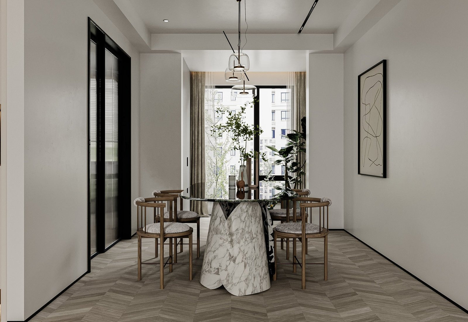 Oval Marble Lotus Black Glass Top Modern Dining Table