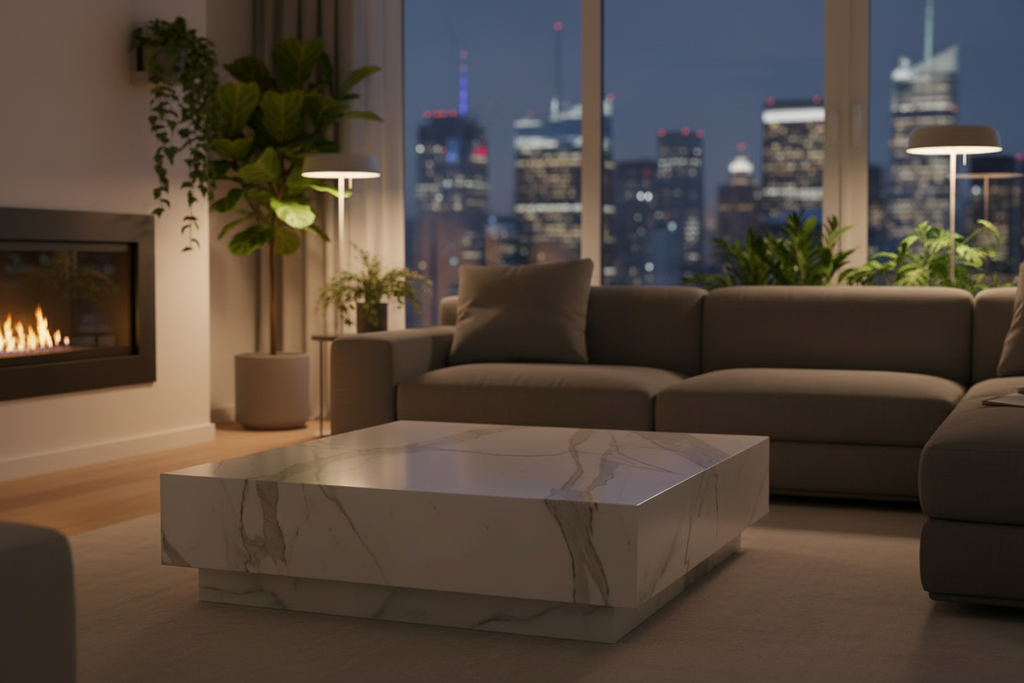 White Marble Firenze Square Coffee Table - NYC Apartment Lifestyle Scene | Stonegems