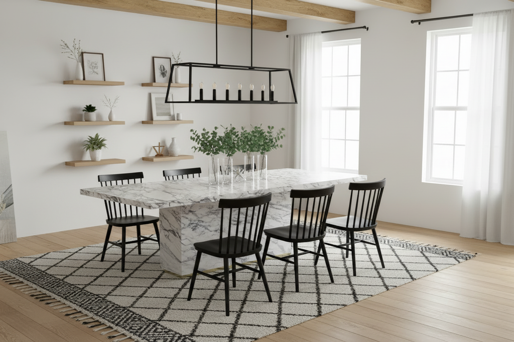 White Marble Firenze Dining Table in Modern Farmhouse Setting with Black Windsor Chairs | Stonegems