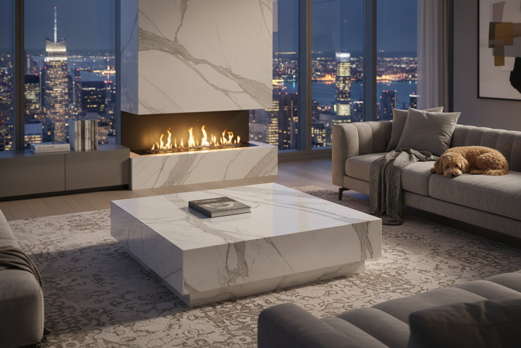 Modern NYC apartment with marble coffee table