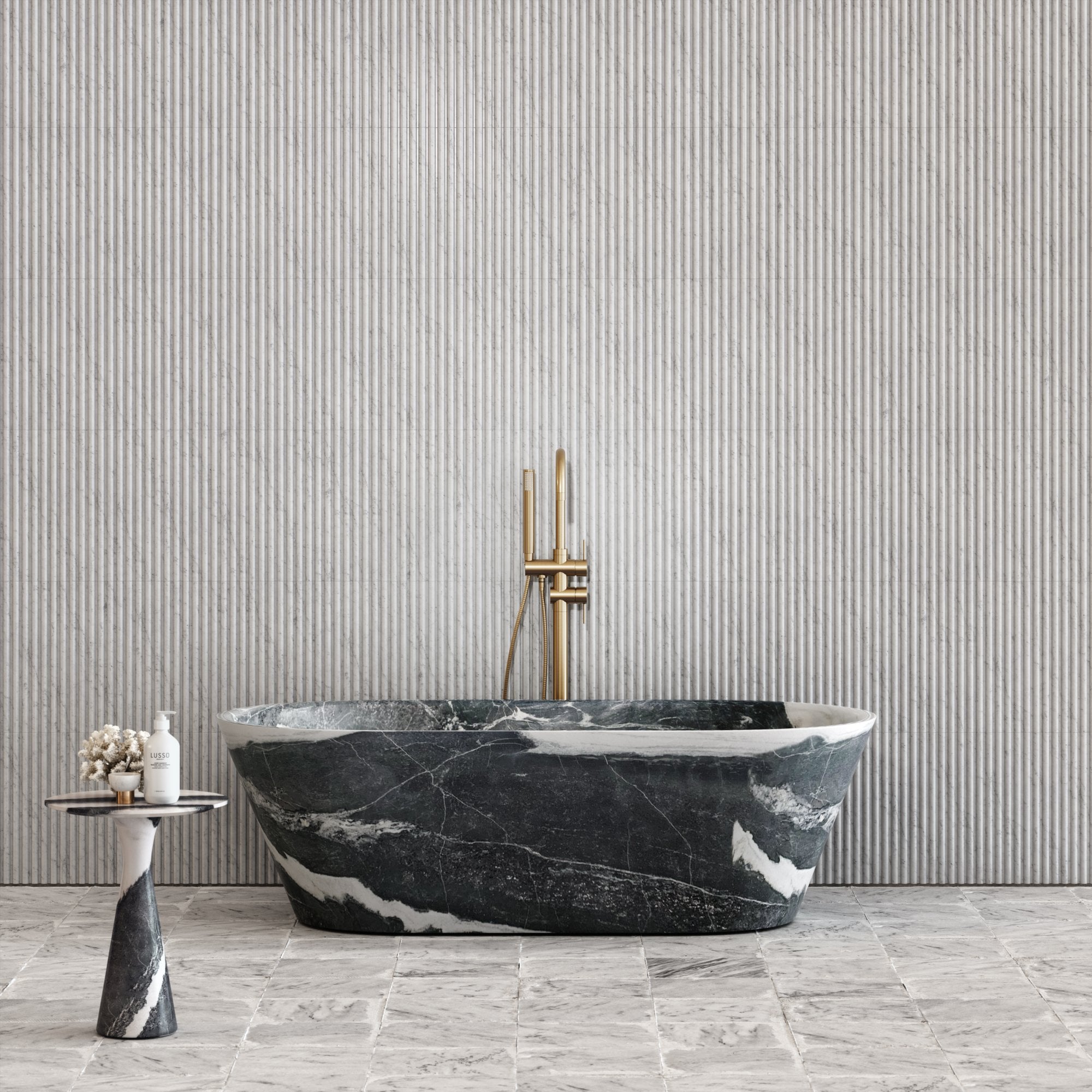 Black Marble Omega Bathtub - Modern Bathroom Setting | Stonegems