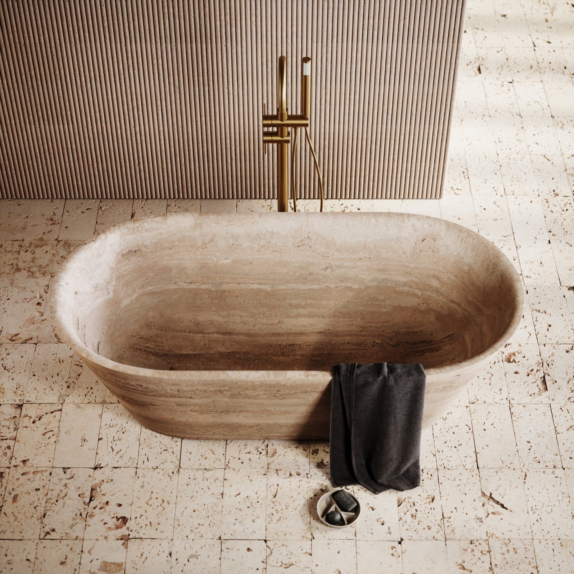 Travertine Omega Bathtub - Top View Detail | Stonegems
