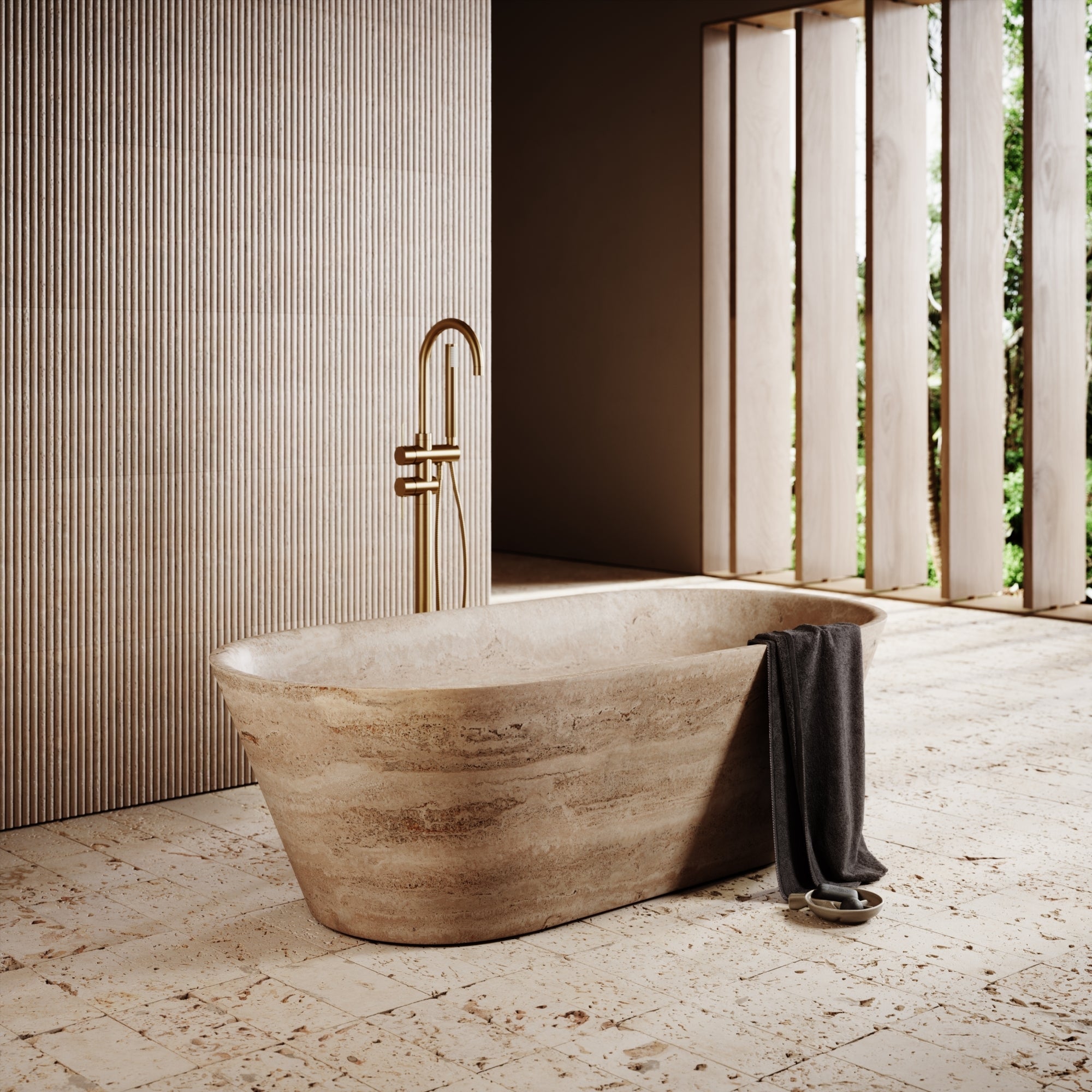 Beige Marble Omega Bathtub - Luxury Spa Setting | Stonegems