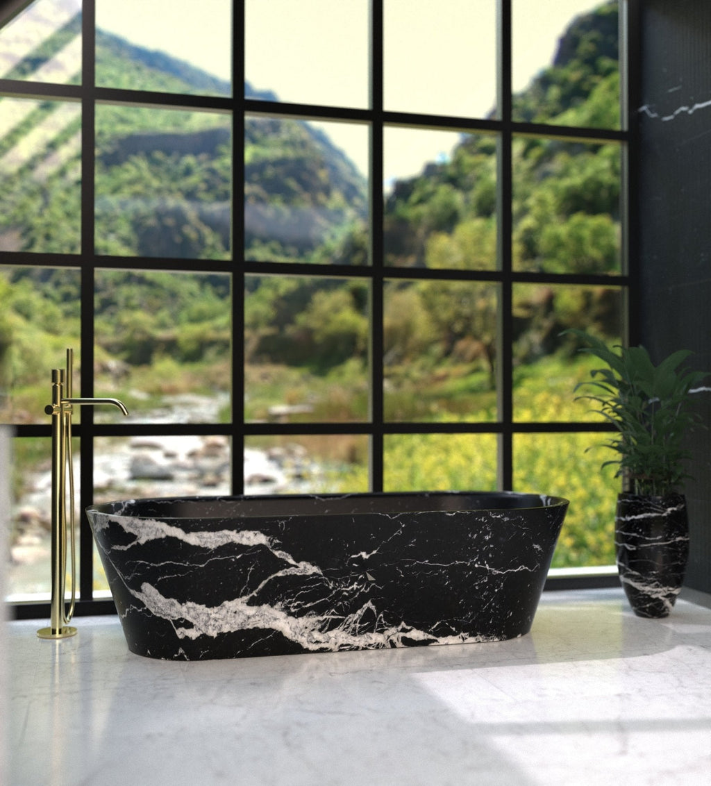 Black Marble Omega Bathtub - Natural Mountain View Setting | Stonegems
