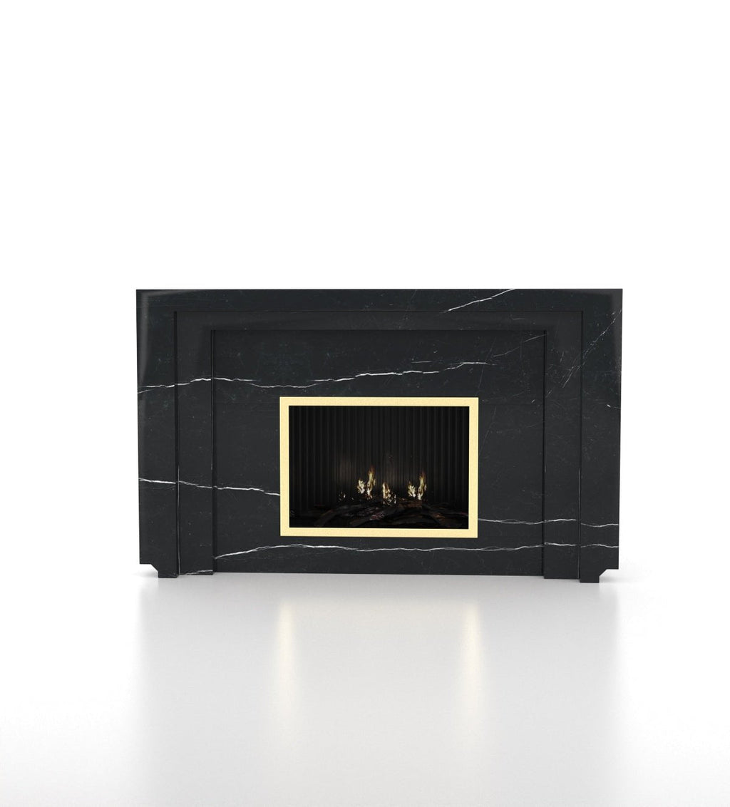 Black Veined Marble Pegasus Fireplace - Front View | Stonegems