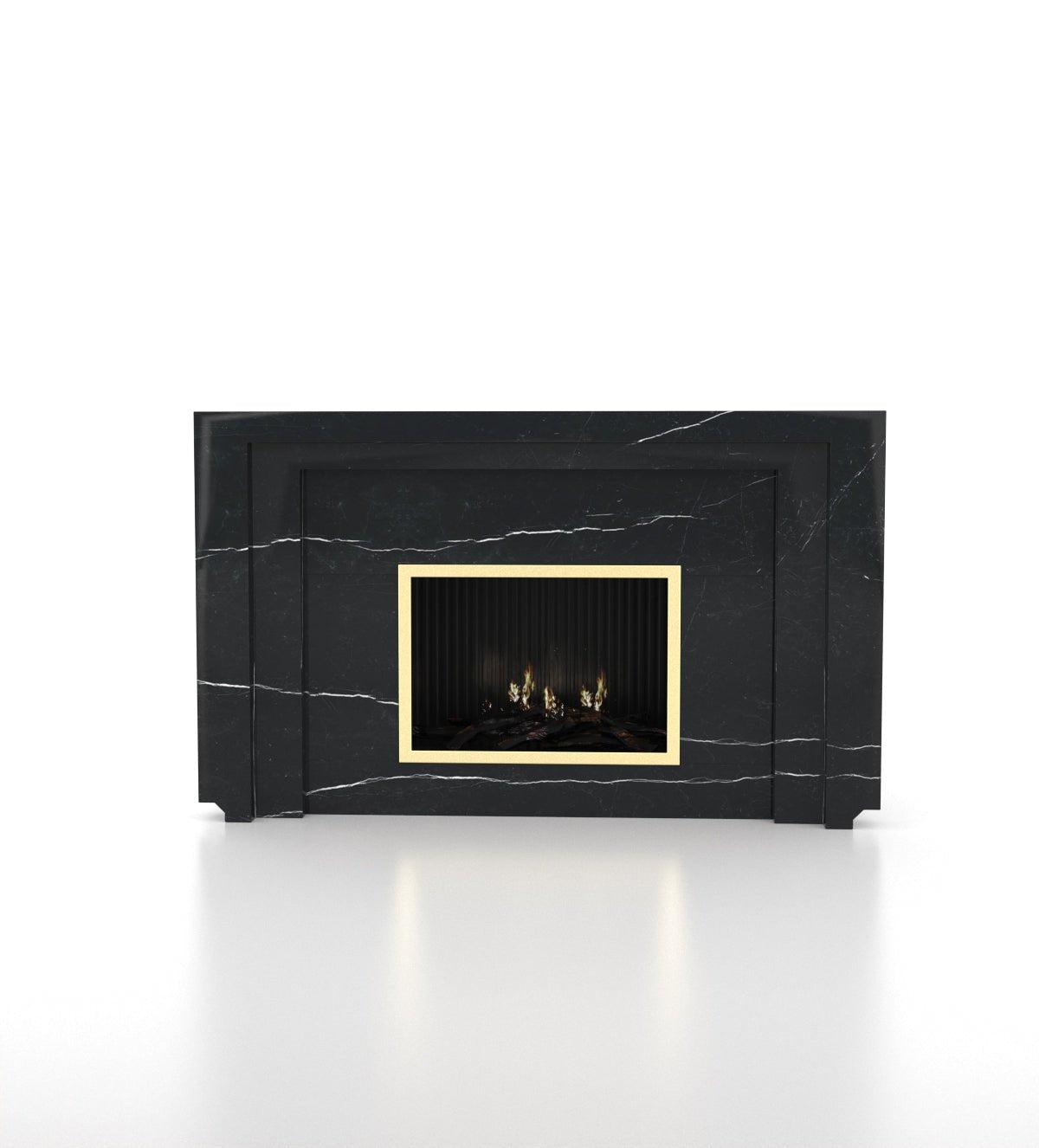 Black Veined Marble Pegasus Fireplace - Front View | Stonegems