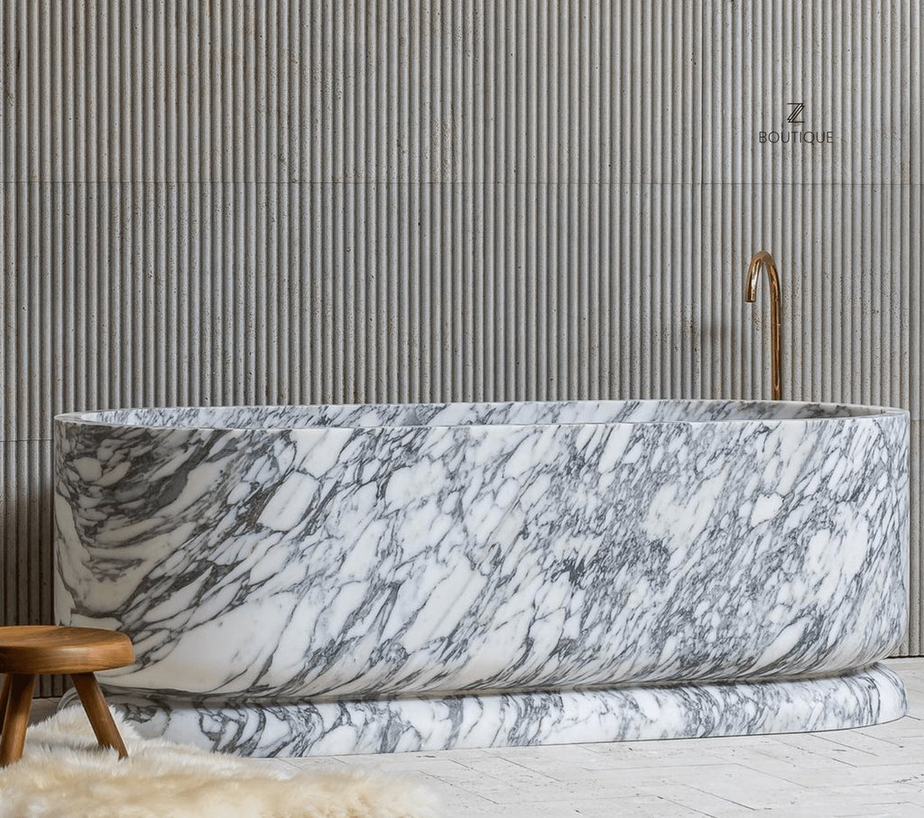 White Marble Queen Elizabeth Bathtub - Lifestyle Setting with Fluted Wall | Stonegems