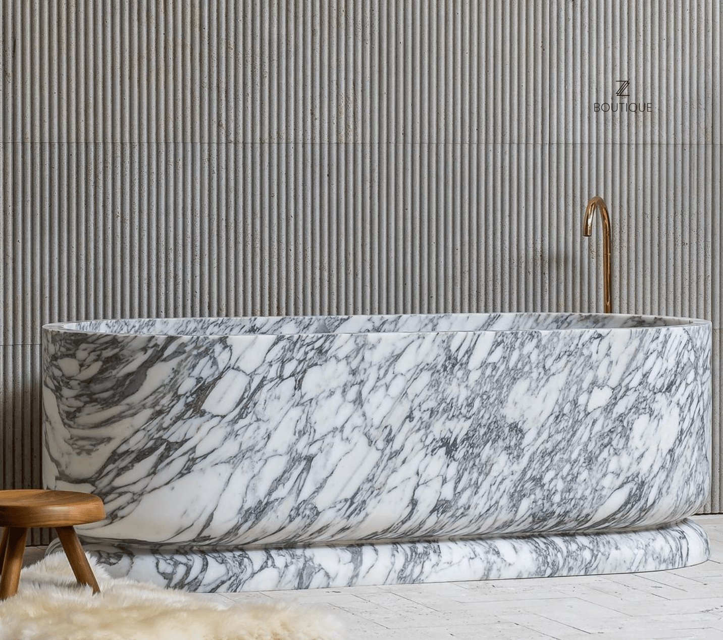 White Marble Queen Elizabeth Bathtub - Lifestyle Setting with Fluted Wall | Stonegems