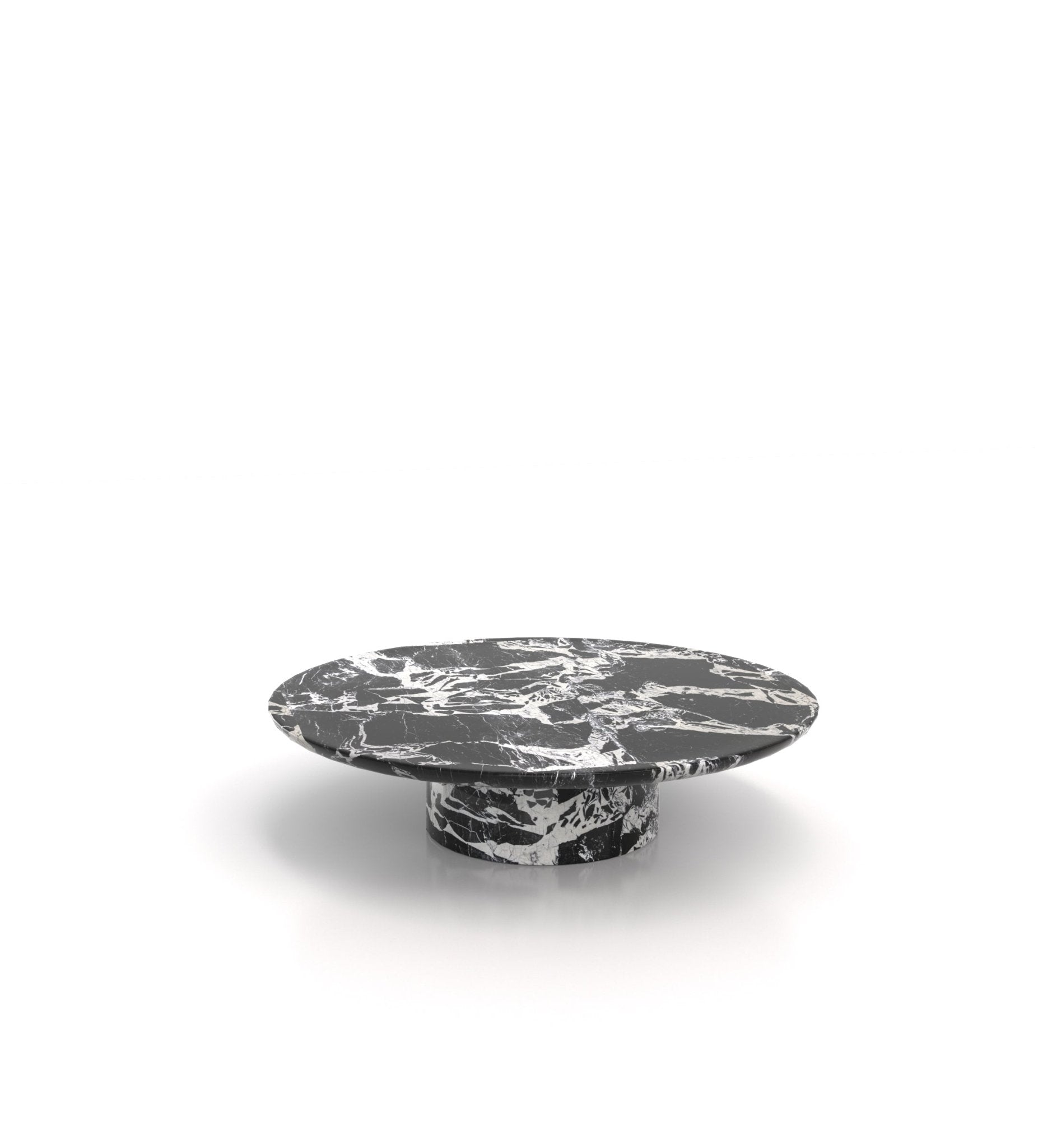 Nero Marquina Marble Round Coffee Table - Dramatic Black Stone Three Quarter View | Stonegems