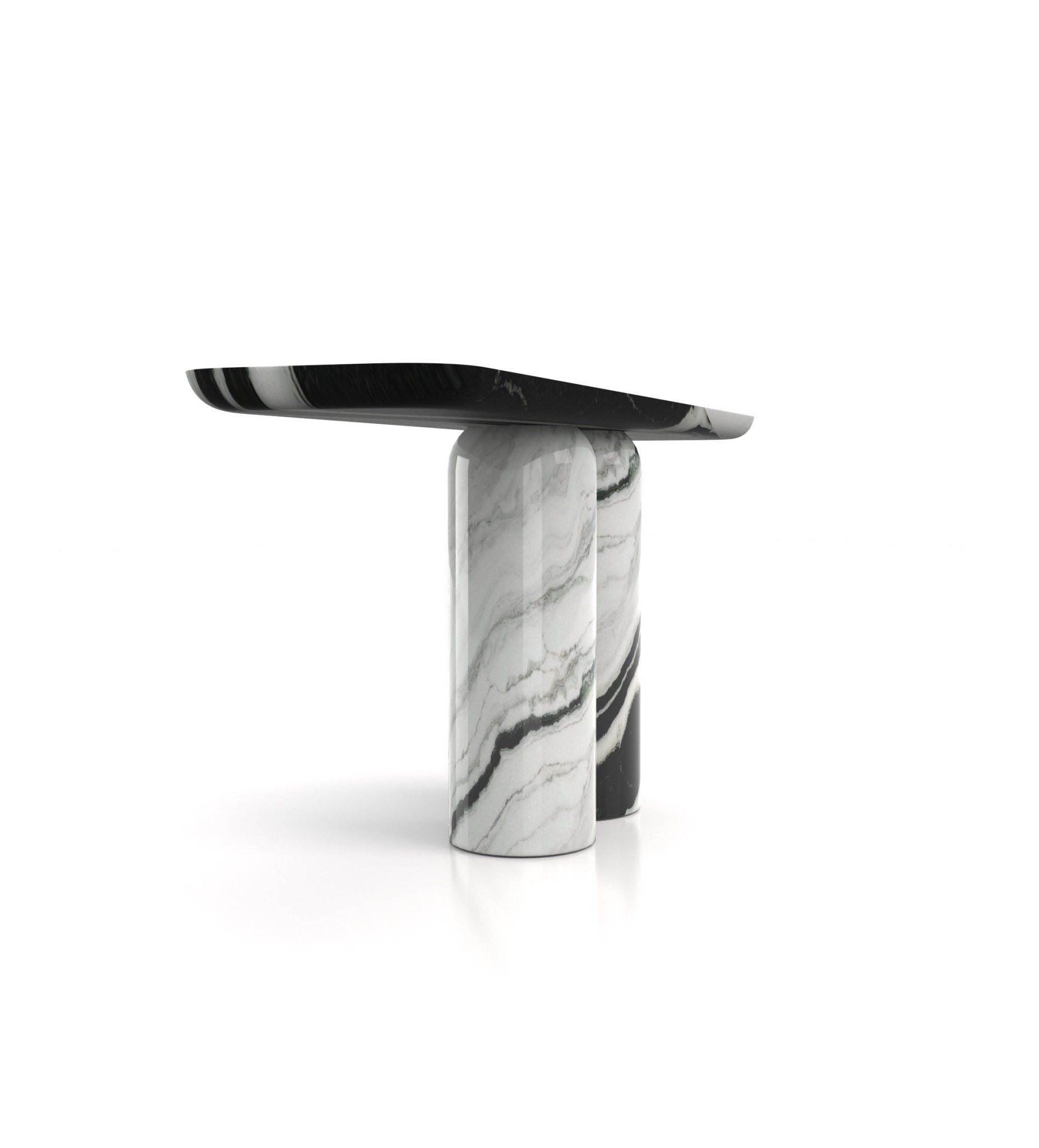 White Black Veined Marble Console Table - Low Angle View | Stonegems