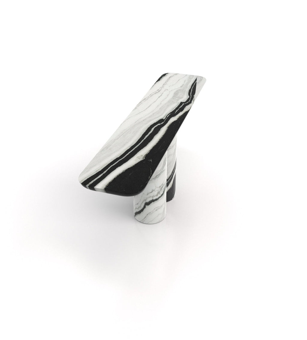 Panda White Black-Veined Marble Ravenna Alta Console Table - High Angle Three Quarter View | Stonegems