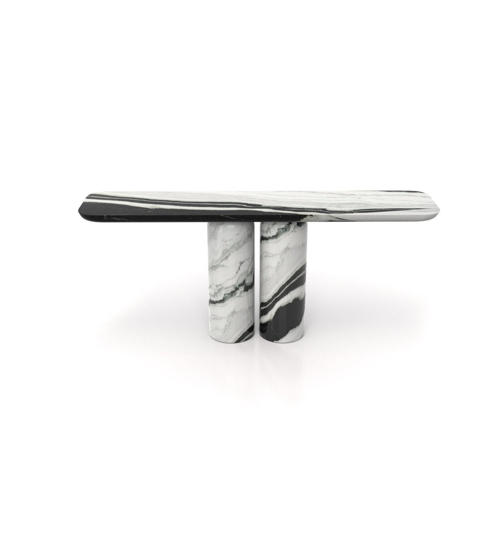 Panda White Marble Ravenna Alta Console Table with Black Gloss Top - Side Angle View | Stonegems