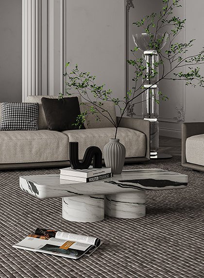 Modern White Marble Coffee Table - Lifestyle Close-Up Detail | Stonegems