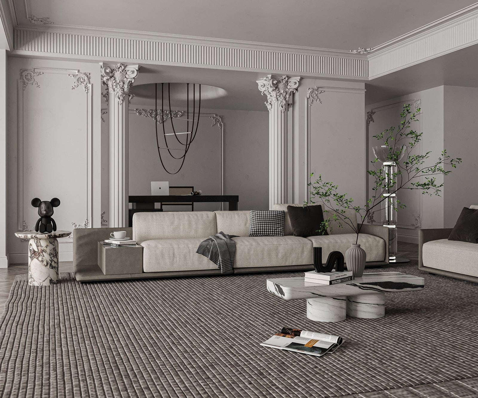 White Marble Coffee Table in Elegant Classical Living Room Setting | Stonegems