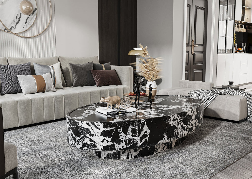 Black White Marble Oval Coffee Table - Contemporary Interior Setting | Stonegems