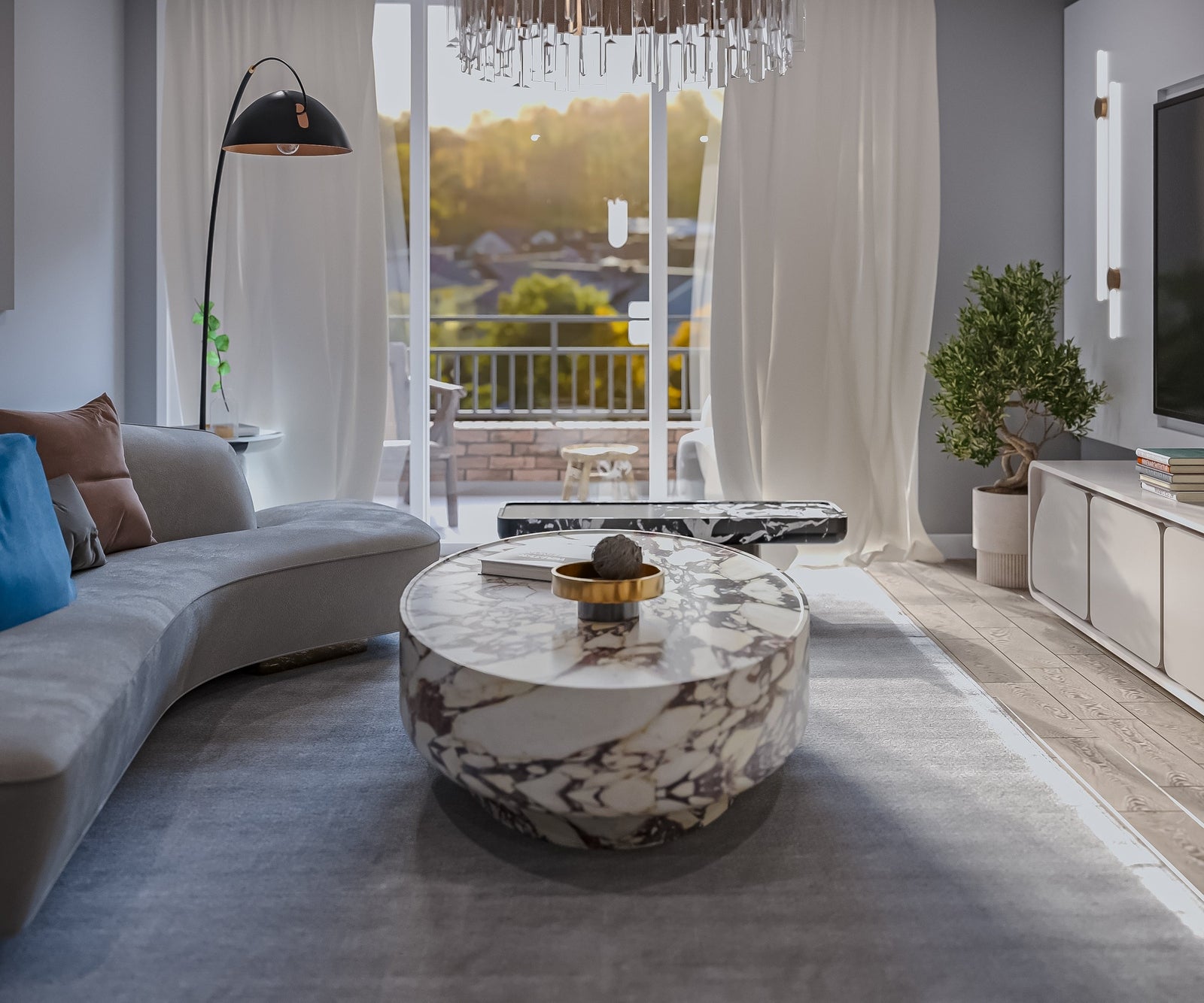 White Marble Oval Coffee Table - Evening Living Room Scene | Stonegems