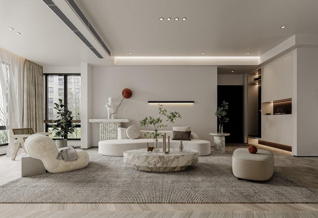 White Marble Oval Coffee Table - Modern Living Space Scene | Stonegems