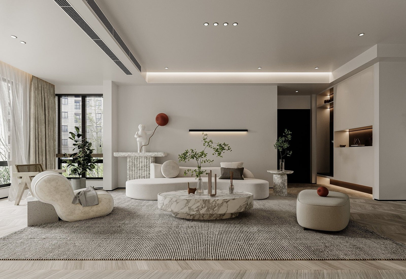 White Marble Oval Coffee Table - Modern Living Space Scene | Stonegems