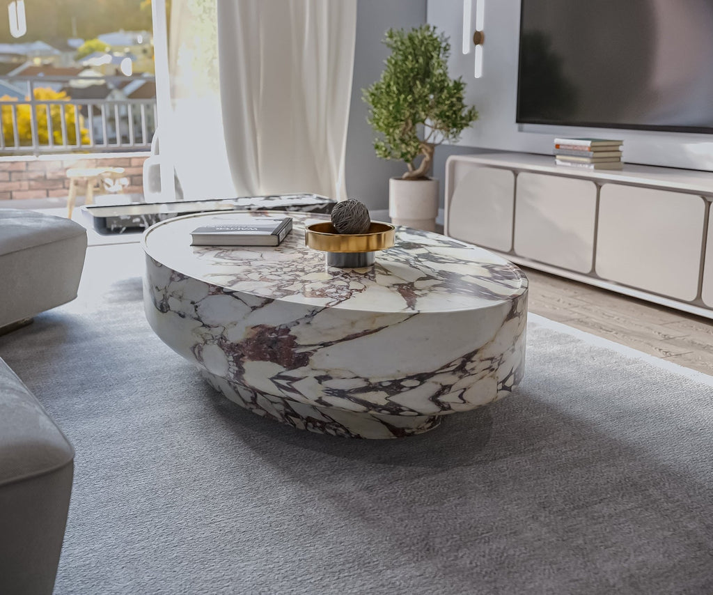 White Marble Oval Coffee Table - Close-Up Styling Detail | Stonegems