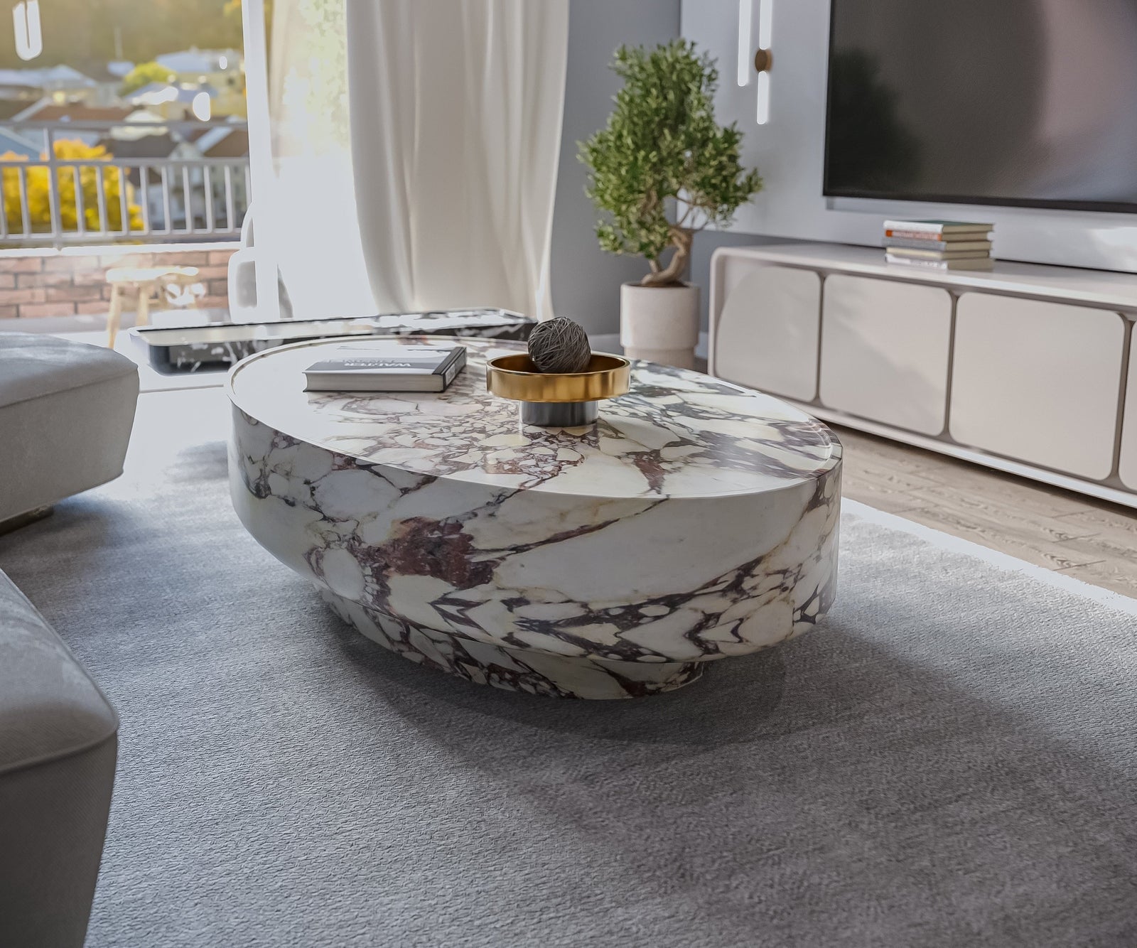 White Marble Oval Coffee Table - Close-Up Styling Detail | Stonegems