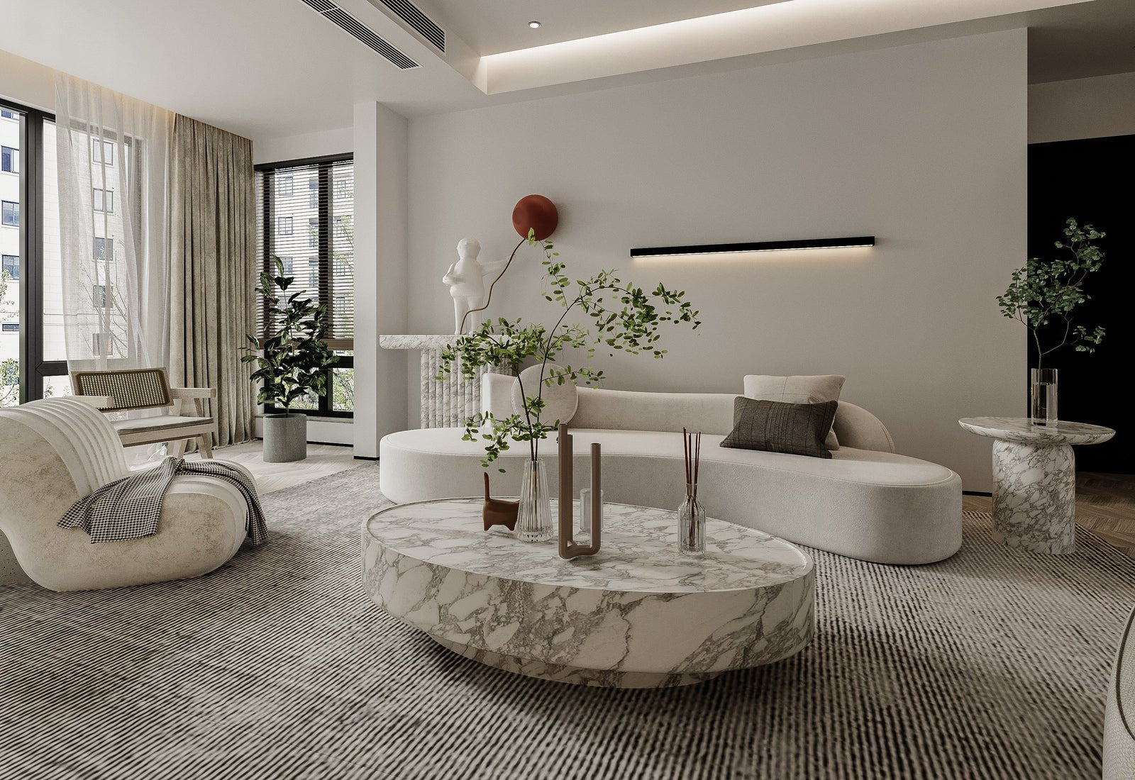 White Marble Coffee Table Living Room with Curved Seating | Stonegems