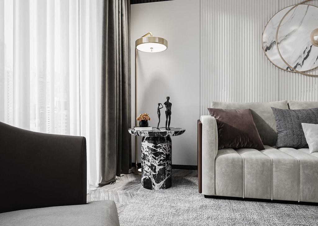 Grand Antique Marble Stone Side Table in Contemporary Living Room Setting | Stonegems