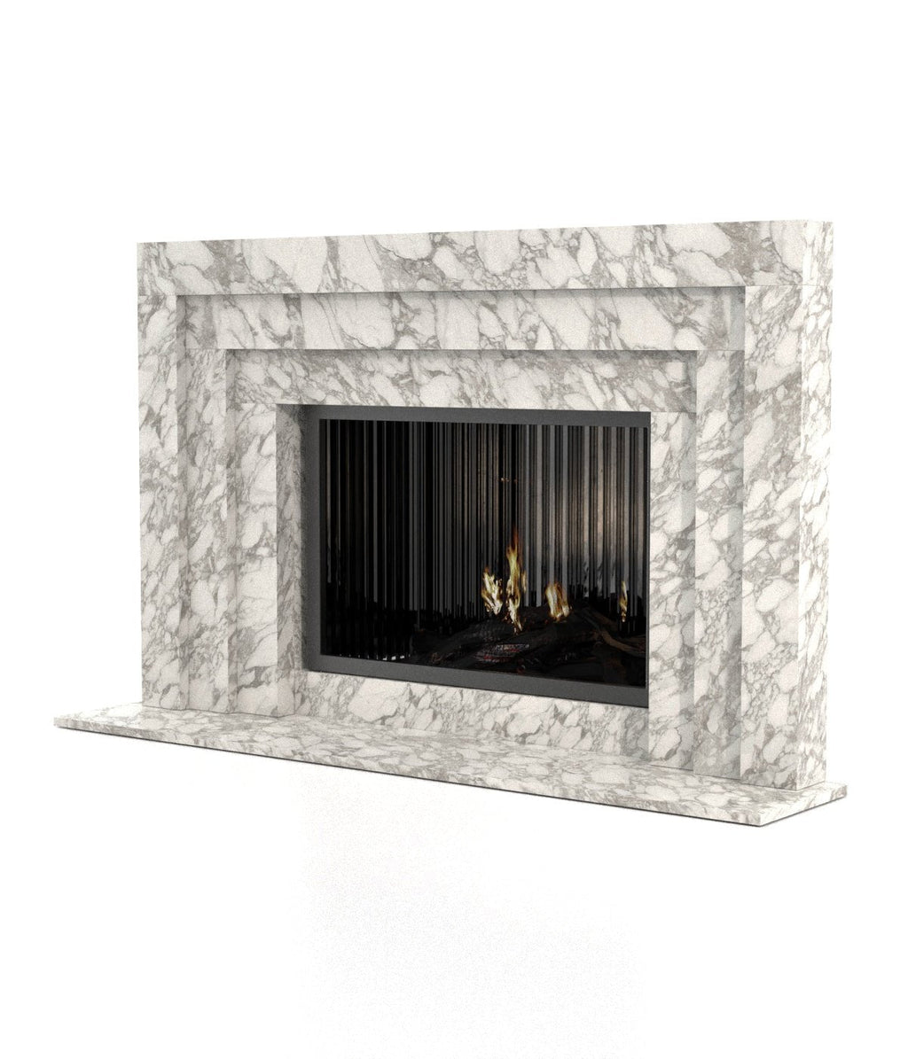Arabescato White Marble Socrates 3-Tiered Fireplace Surround - Perspective View | Stonegems