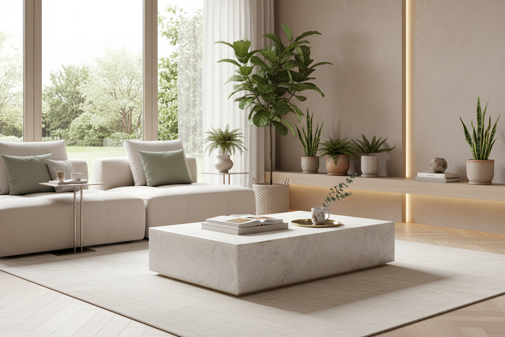 White Marble Rectangular Coffee Table in Modern Living Room Setting | Stonegems