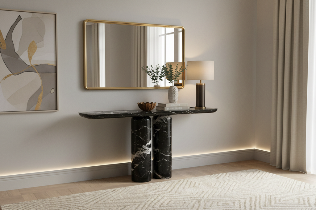 Black Marble Ravenna Alta Console Table Styled in Modern Luxury Entryway with Mirror | Stonegems