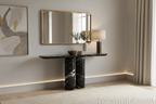 Black Marble Ravenna Alta Console Table Styled in Modern Luxury Entryway with Mirror | Stonegems