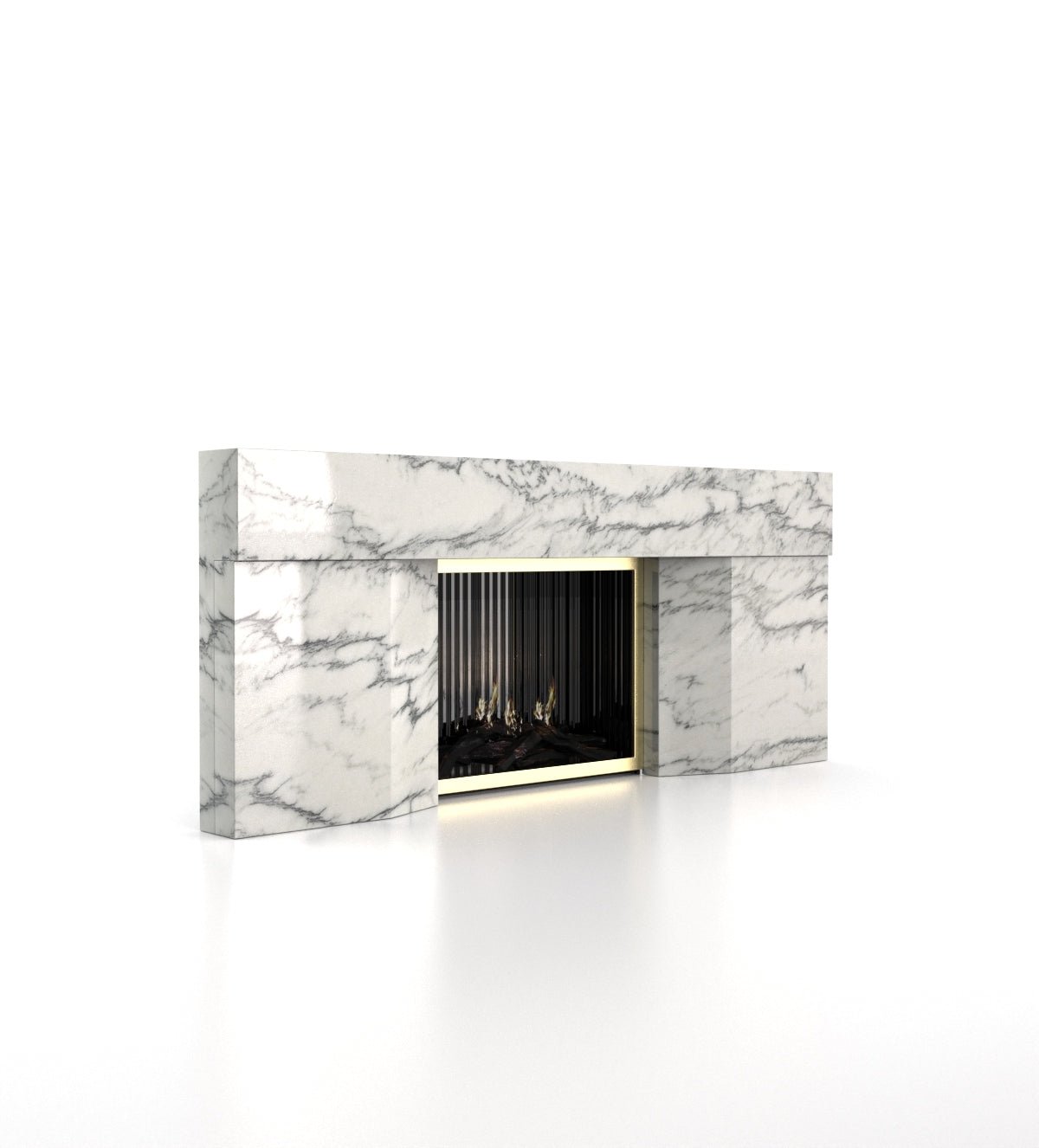 White Calacatta Marble Stonehenge Fireplace - Three Quarter View | Stonegems