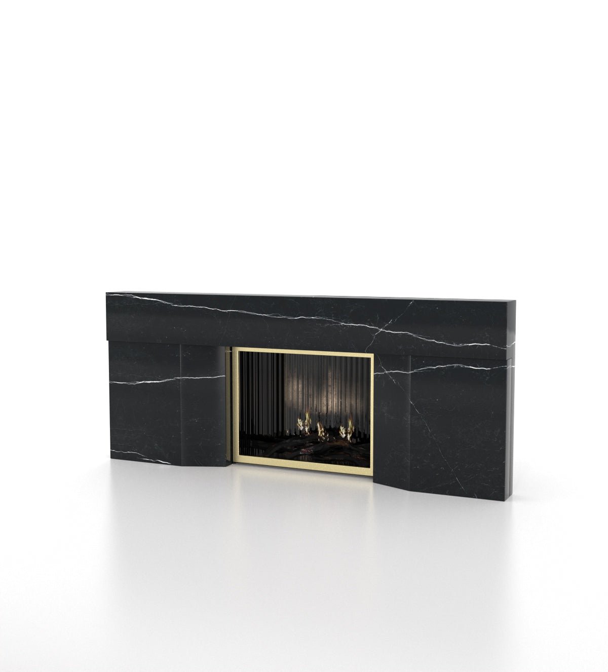 Black Nero Marquina Marble Stonehenge Fireplace - Angled View | Stonegems
