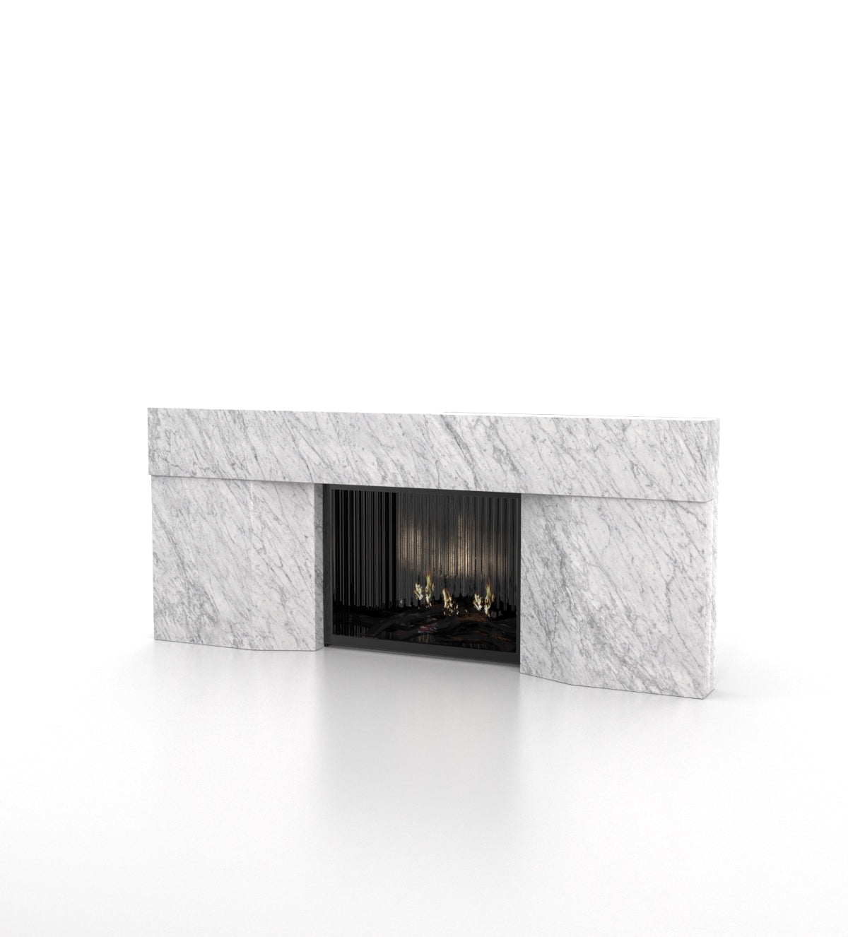 White Carrara Marble Stonehenge Fireplace - Studio View | Stonegems