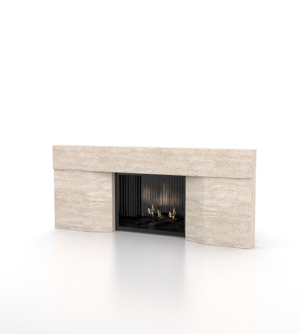 Cream Travertine Marble Stonehenge Fireplace - Front Perspective | Stonegems