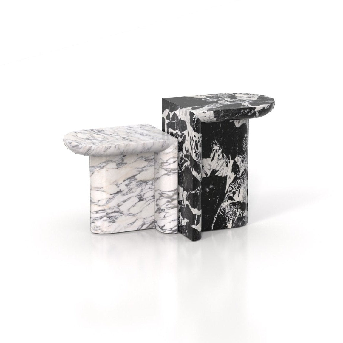 White Carrara & Black Marble Achilles Side Tables - Three Quarter View | Stonegems