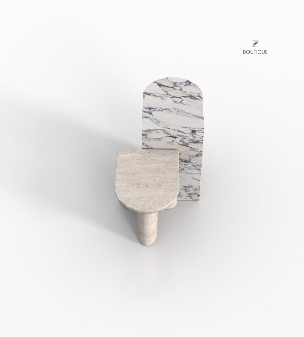 Arabescato & Travertino Marble Achilles Side Tables - Top Detail View | Stonegems