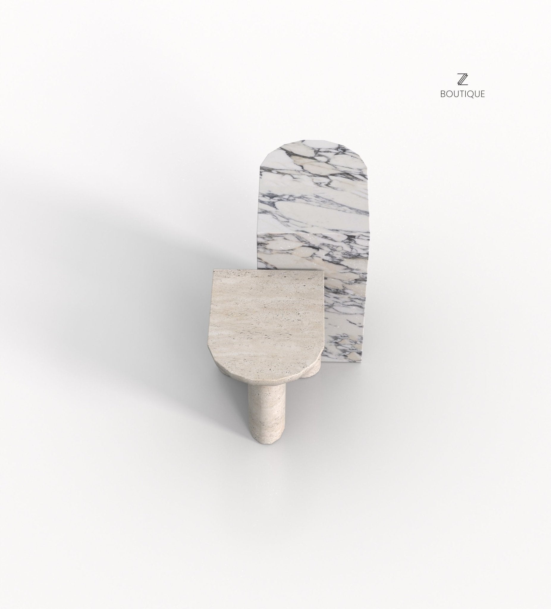 Arabescato & Travertine Marble Achilles Side Tables - Top Detail | Stonegems