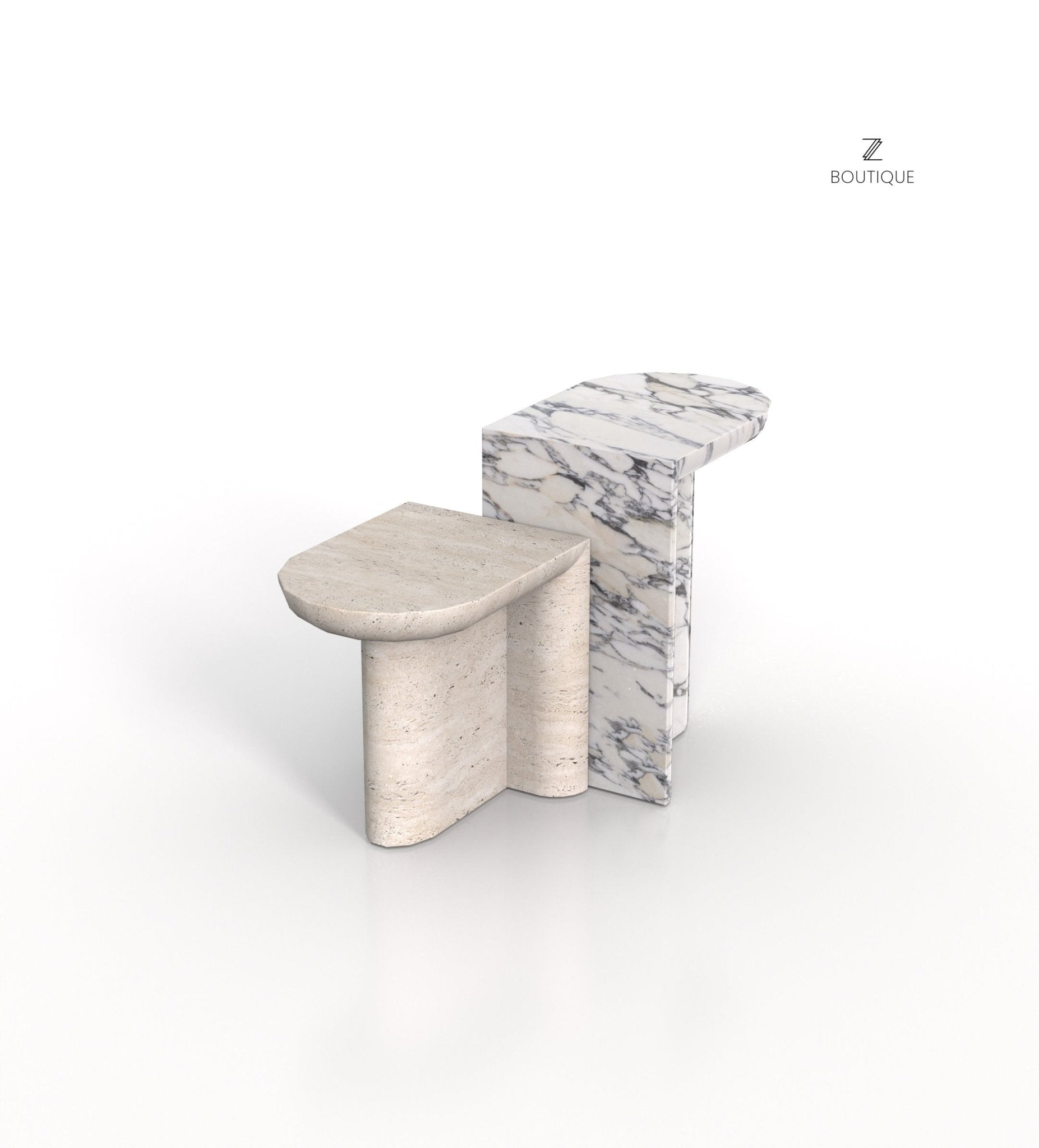 Travertine & Arabescato Marble Achilles Side Tables - Angled View | Stonegems