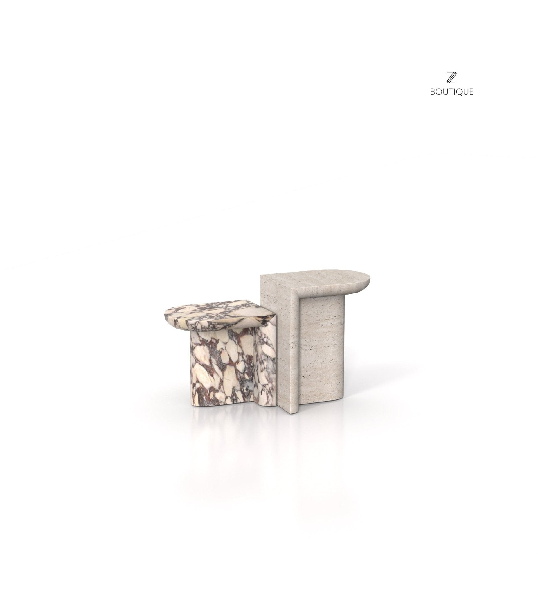 Calacatta & Travertine Marble Achilles Side Tables - Side Profile | Stonegems