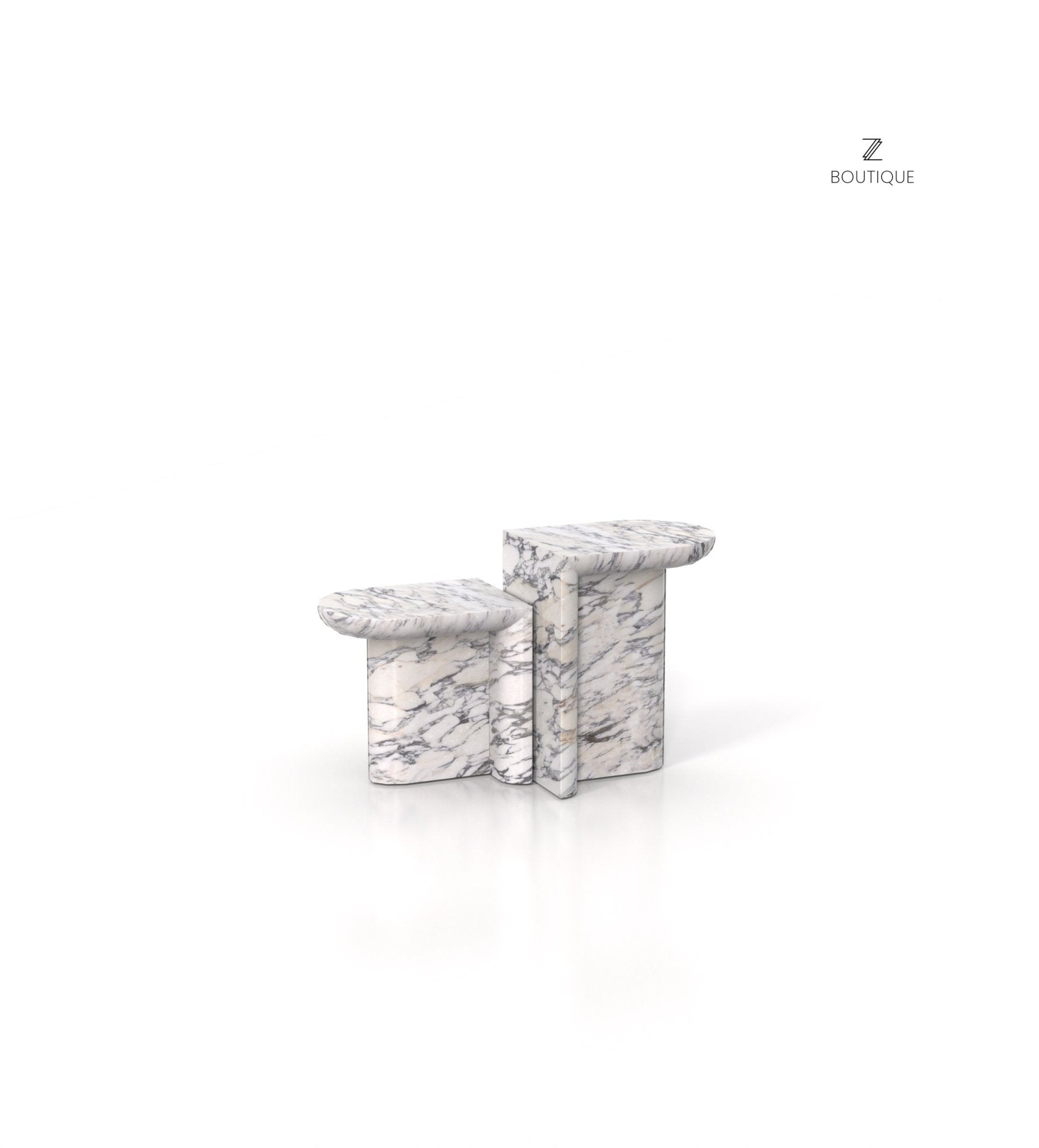 White Veined Marble Achilles Side Tables - Side View Configuration | Stonegems