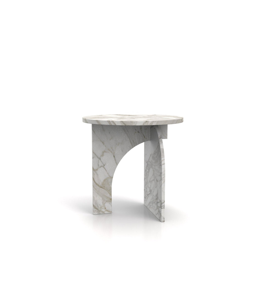 Calacatta Marble Argo Stone Side Table with Arch Base - Side Angle | Stonegems