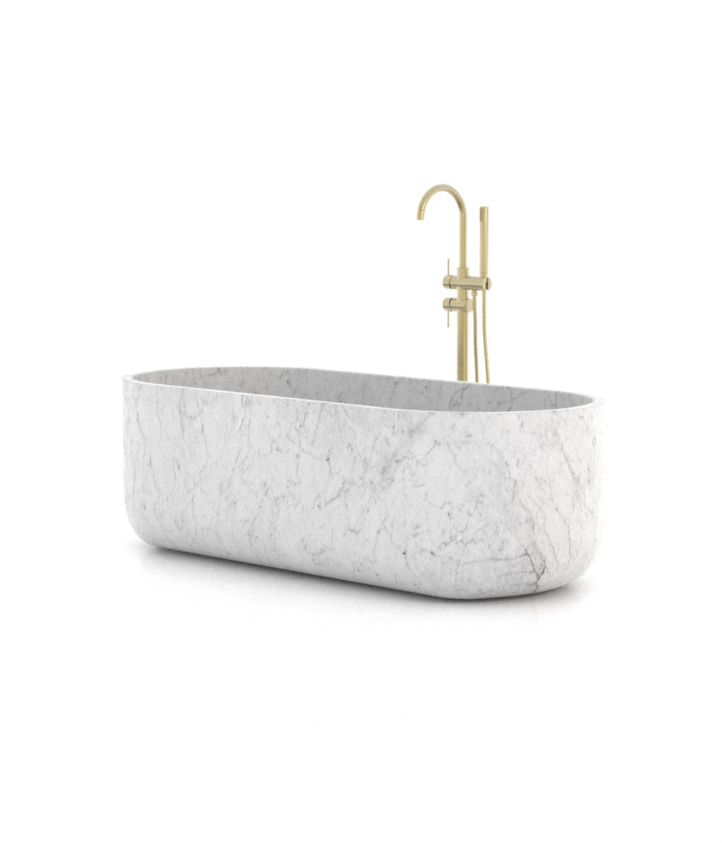 Bianco Carrara Marble Venere Bathtub - Front View with Brass Faucet | Stonegems
