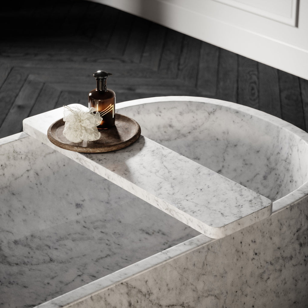 White Carrara Marble Venere Bathtub - Interior Detail with Wooden Bath Caddy | Stonegems