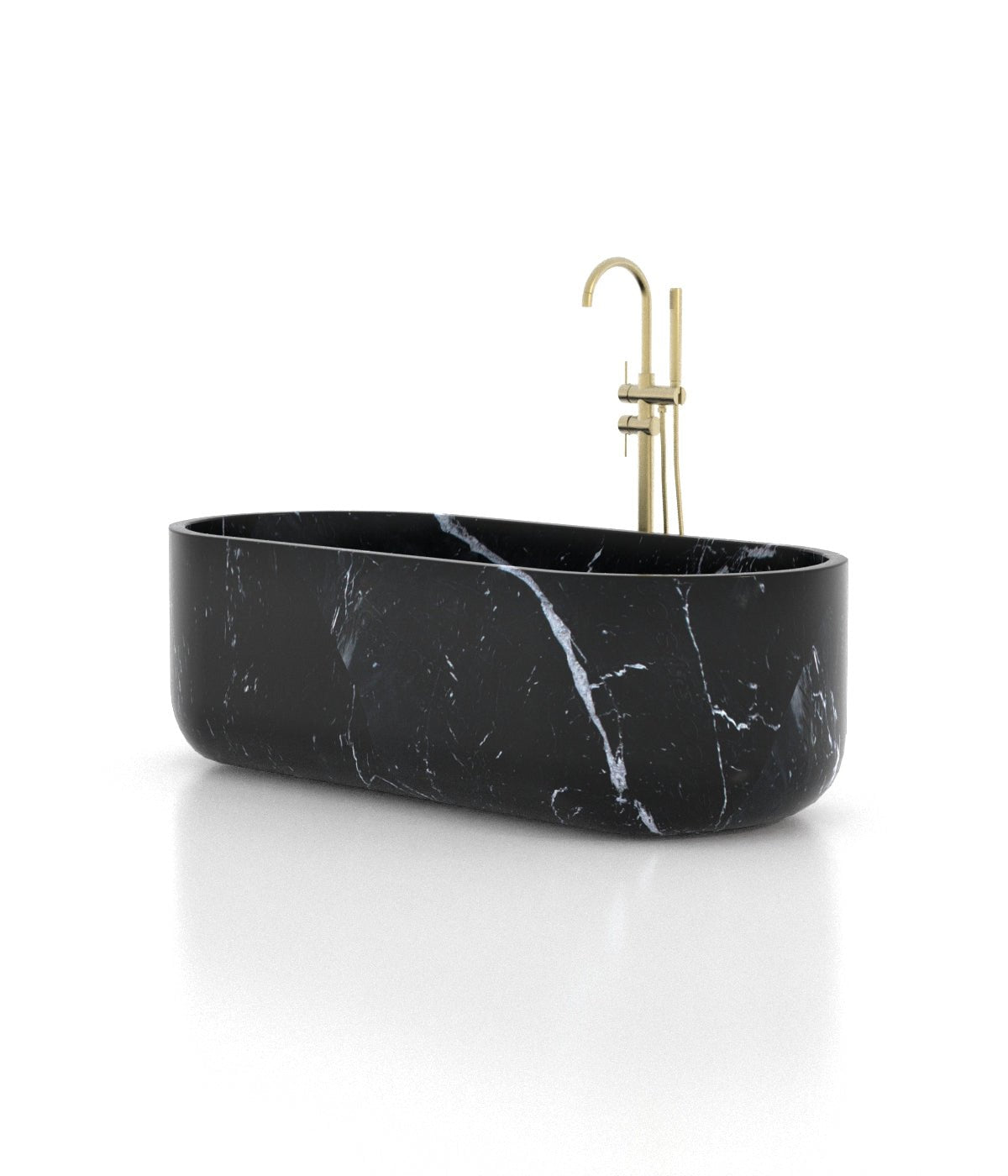 Nero Marquina Marble Venere Bathtub - Side View with Brass Faucet | Stonegems